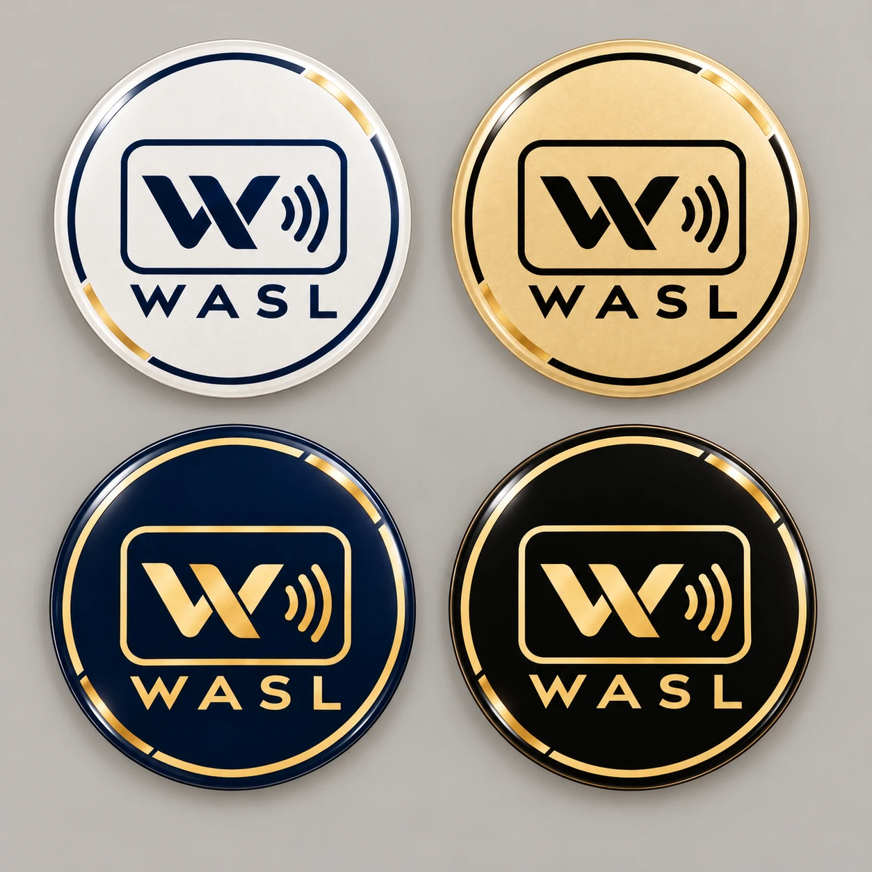 مجموعة ملصقات WASL الدائرية بالأبيض والذهبي والكحلي والأسود بطبقة إيبوكسي لامعة